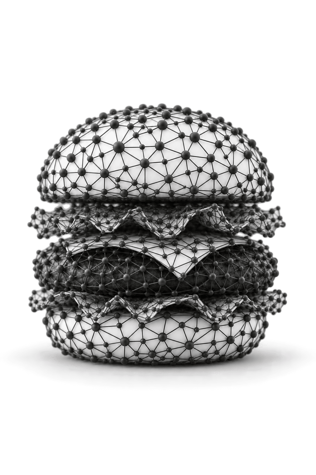 SNGLL AI architecture — burger-shaped neural network with a single amber node